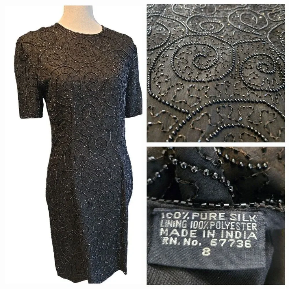 Vintage Jewel Queen 100% Pure Silk Beaded Dress Black Hand Embroidered SZ 8